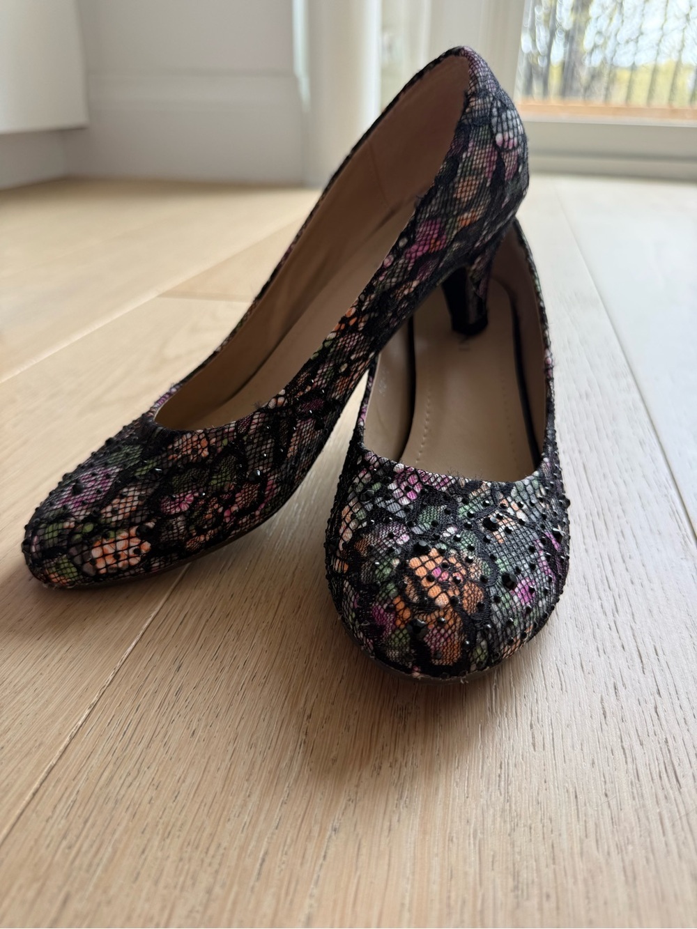 Lace Floral Heels w/ Embellishment | Vintage Inspired Kitten Heels Worn Once - Picture 4 of 6